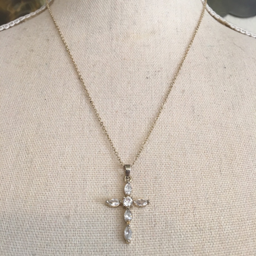 CZ stone cross gold tone setting necklace